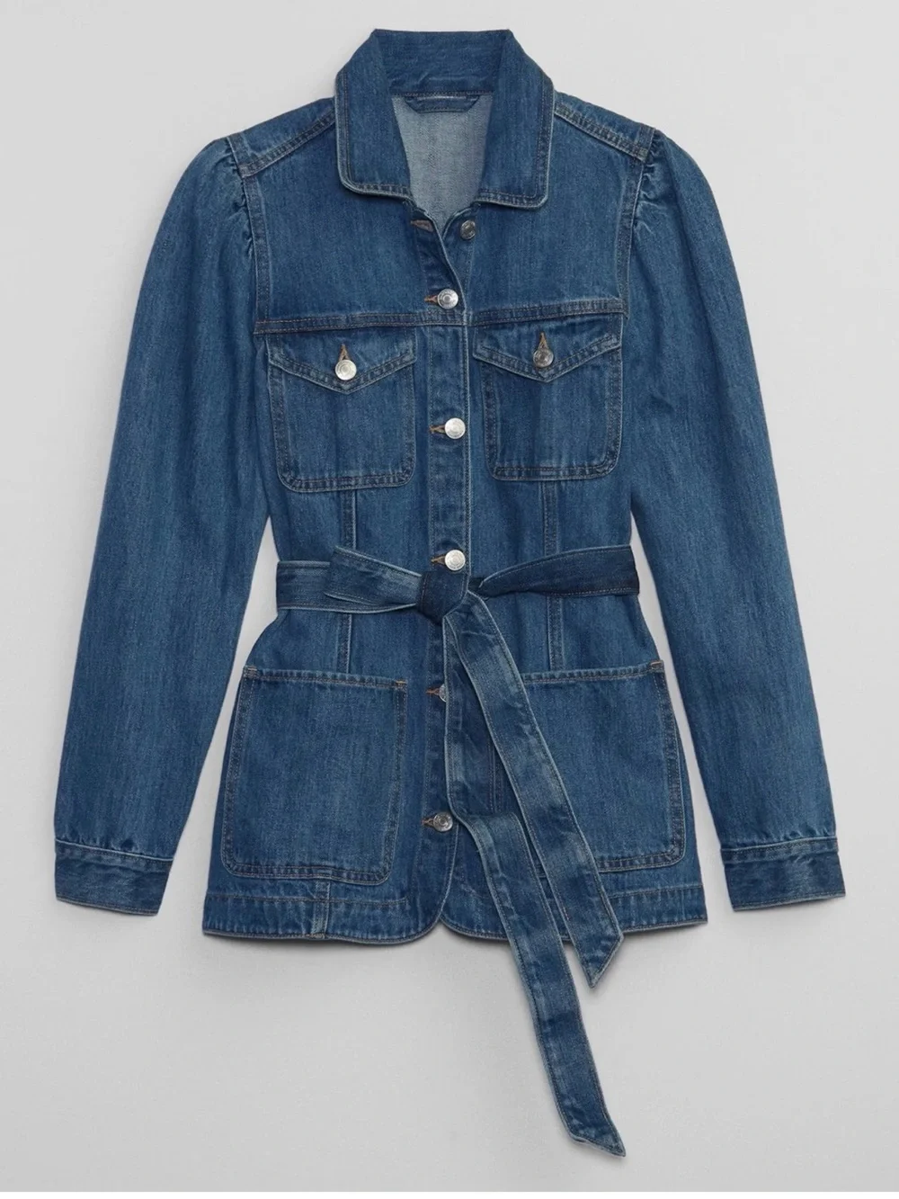 GAP Puff Sleeve Denim Field Surplus Jacket Belted Blue Trench Women's Sz L